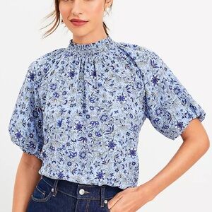 LOFT Blue Floral Smocked Balloon Sleeve Top, Gathered Collar, Short Sleeve, Sz M